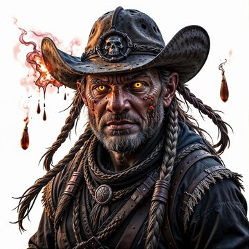 Dark Cowboy Sorcerer with Glowing Eyes and Fiery Hat.