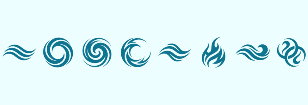 Collection of abstract elemental icons with stylized wave, swirl, and fire shapes