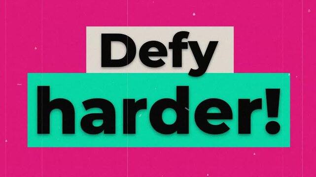 Vibrant gym motivation quote Defy harder with bold black text on pink and teal boxes featuring a gritty film grain effect