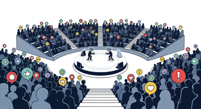 Public debate or argument between two people in a crowded auditorium