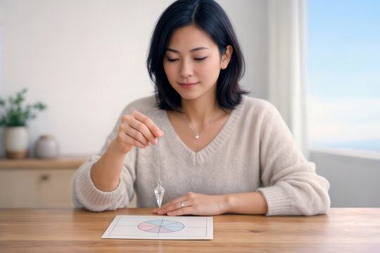 Woman holding pendulum over color chart