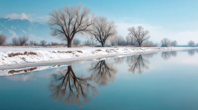 Frosty leafless trees a snowy riverbank, mirrored in glassy turquoise water. Snow capped mountains rise under clear blue sky serene, crisp winter scene. Symmetrical, still composition muted eart