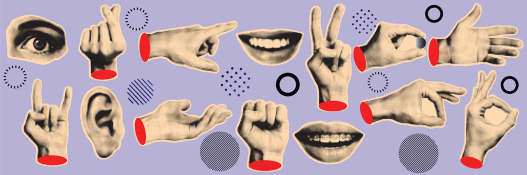 halftone, pop art, dot hand gesture collection with pointing finger, peace sign, fist palm, and symbol communication vector illustration