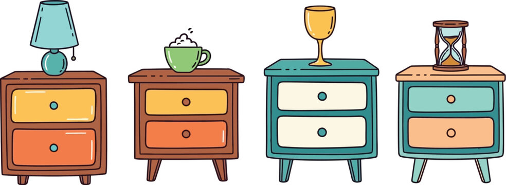 Set of four colorful bedside tables featuring unique decorative items like a lamp cup goblet and hourglass