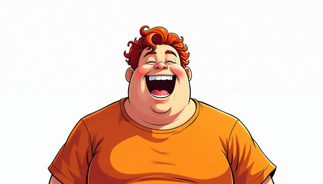 Chubby man with red curly hair laughs heartily. He wears an orange t-shirt and has rosy cheeks. Cartoon character expressing pure joy and delight. His mouth is wide open in laughter.