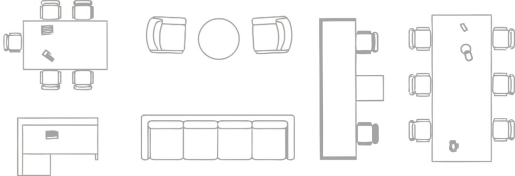 Top down view of various office furniture arrangements including rectangular conference tables and comfortable lounge seating areas