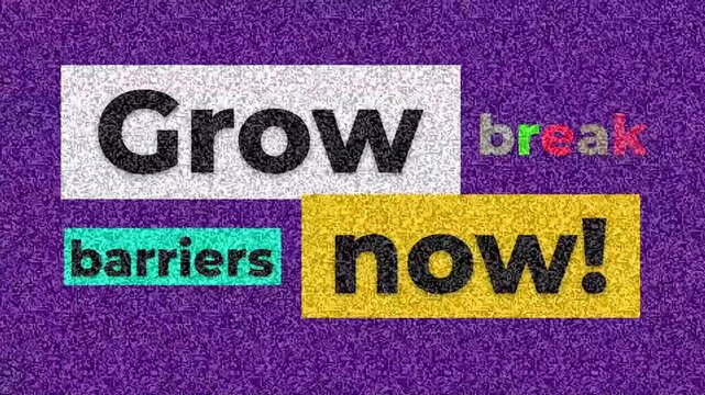 Motivational graphic with Grow break barriers now text on purple background ideal as a gym motivation quote