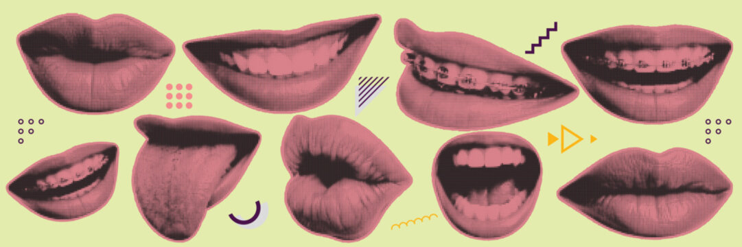 halftone, pop art, dot mouth expression collection with lips, smile, talking, shouting, teeth, and emotion detail vector illustration
