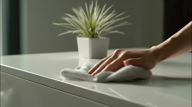 Closeup of Hand Wiping Smooth Surface with Cloth in Bright Modern Room