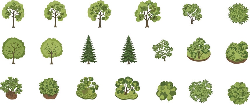 A comprehensive collection of diverse green tree and shrub vector illustrations for architectural landscape design and mapping projects