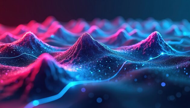 Abstract 3D neon topographic map landscape. Glowing lines connect illuminated mountain peaks in this futuristic data visualization. Digital terrain data flows across dark space.