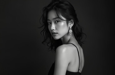 Naklejka premium Elegant woman in black dress looks over shoulder. She has long dark hair and wears large sparkling earring. Studio portrait accentuates her beauty and style.