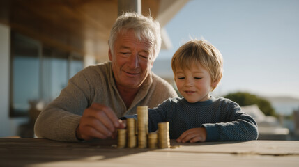 Naklejka premium An intergenerational scene of a grandfather and young grandchild building a coin pyramid on a wooden porch railing in bright summer sunshine, perfect for wealth education, money habit, and contempor