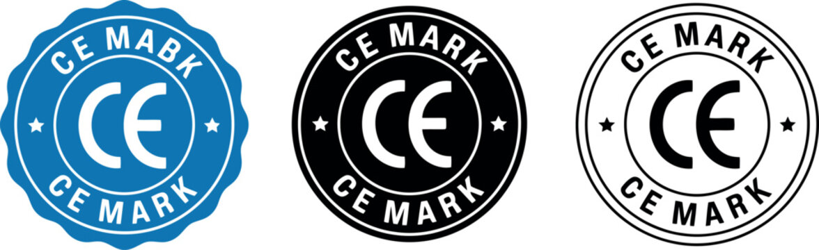 Set of CE Mark Certification Badges in Blue, Black, and White for Product Compliance and Safety Labeling