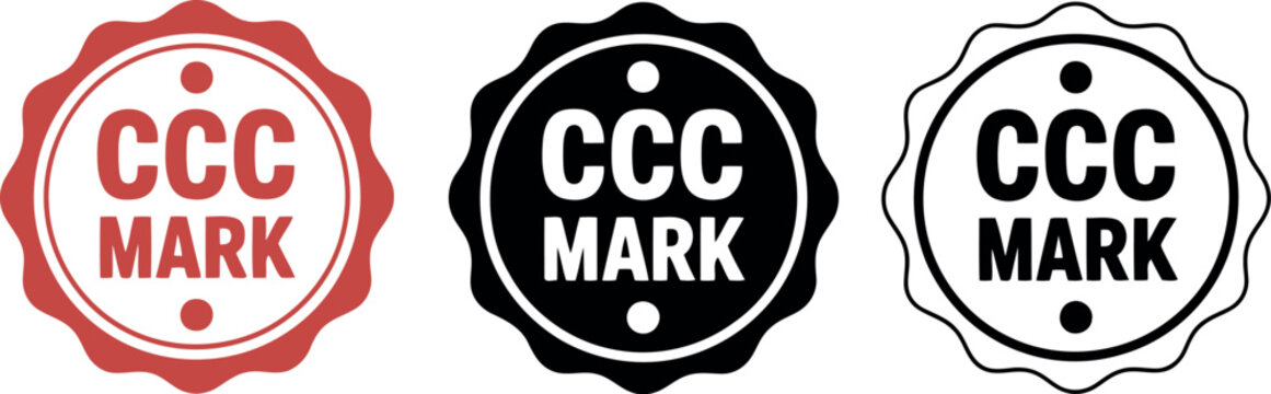 CCC Mark Certification Badge Icons Set in Red and Black Isolated on White Background Vector Illustration