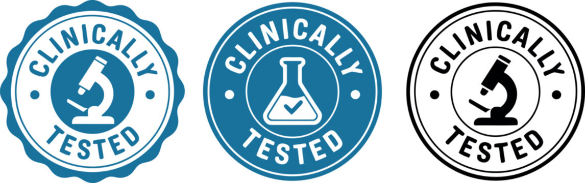 Clinically Tested Badge Set with Microscope and Laboratory Flask Icons for Medical and Pharmaceutical Labels
