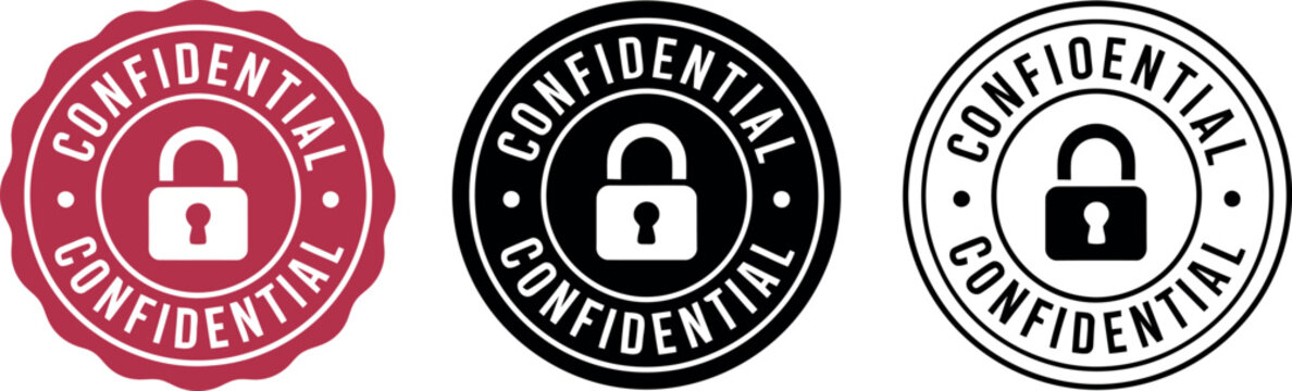 Confidential stamp icons with padlock symbol in red, black, and white for secure document labeling