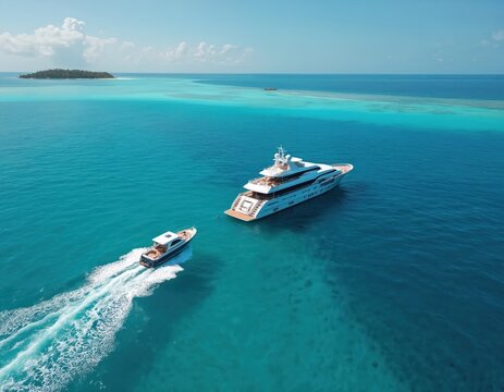 Two yachts sail in clear blue turquoise ocean. Small boat approaches large luxury liner with island visible on horizon. Sunny day in tropical paradise.
