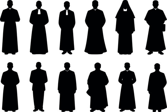 Collection of black silhouettes of religious figures in cassocks and robes standing isolated on white