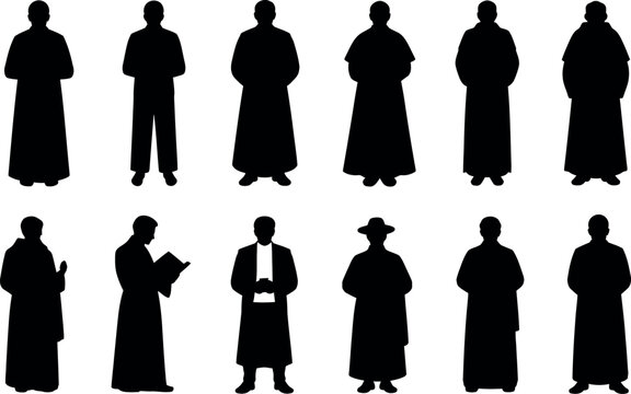 Collection of diverse religious figures depicted as black silhouettes in various poses against a white background