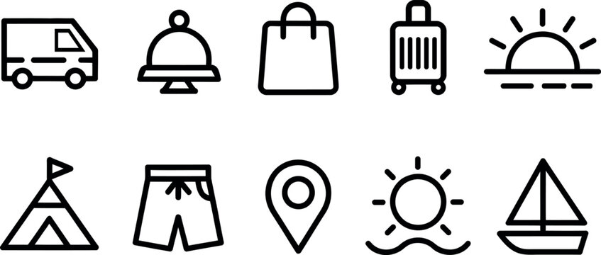 Collection of diverse travel and leisure icons including a van bell shopping bag suitcase sunrise tent shorts map marker sun and sailboat