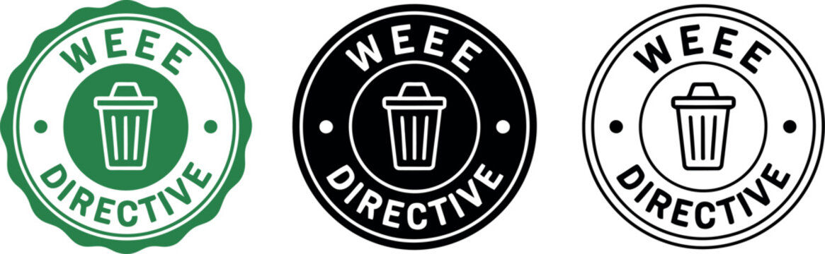 WEEE Directive compliance icons set with recycling bin symbol in green and black for electronic waste labeling