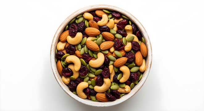 An elegant trail mix in a wooden bowl, featuring almonds, cashews, cranberries, and pepitas, top-down view on white.