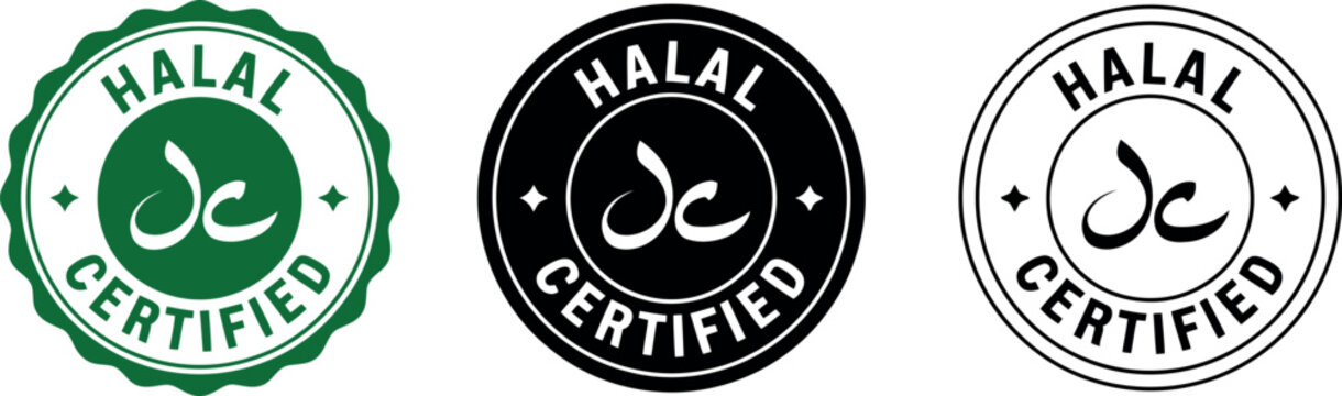 Halal Certified Badge Icons Set &ndash; Green, Black, and Outline Vector Stamps for Food Packaging and Branding