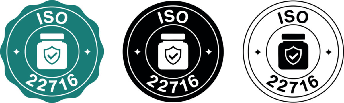 ISO 22716 certified cosmetic quality assurance badge icons in vector set for product labeling and compliance