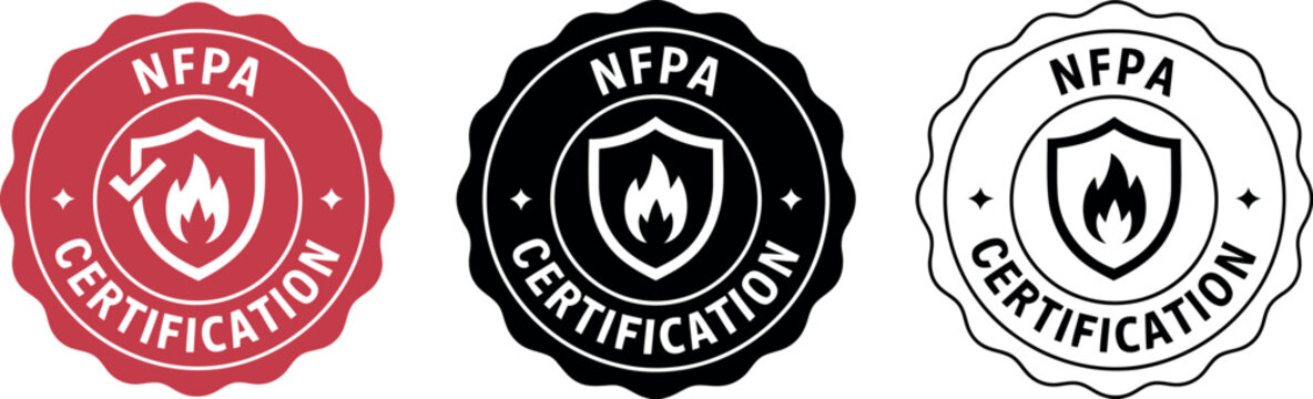 NFPA Certification Badge Icons Set &ndash; Fire Safety Approved Seal Vector Illustrations in Red, Black, and White