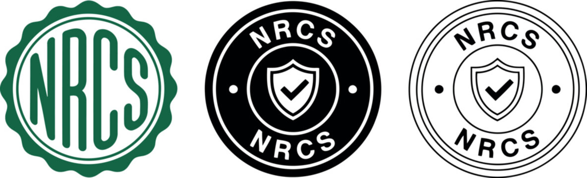 NRCS certification badge icons set with shield checkmark, vector emblem design for quality assurance and compliance
