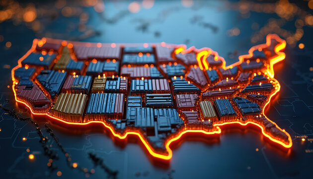United States map made of shipping containers. Digital visualization of global trade network. Economic logistics and supply chain infrastructure abstract concept.
