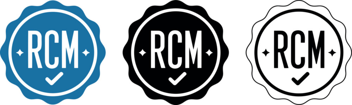 RCM badge icons set in blue, black, and outline style for certification, approval, and quality assurance