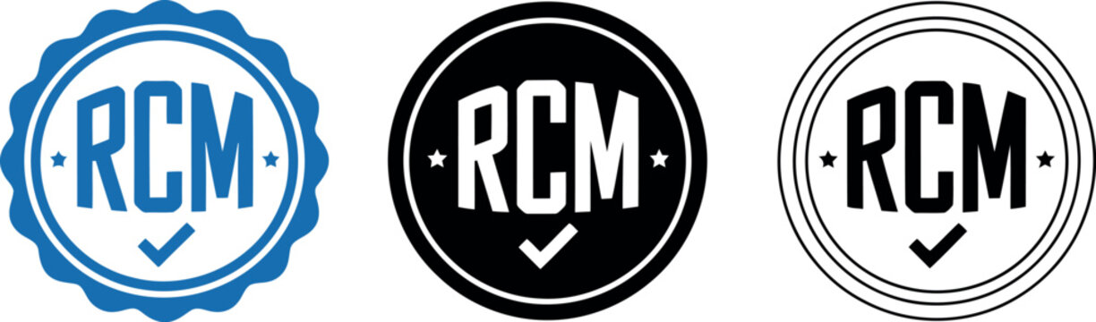 RCM certification badge icons set in blue, black, and outline style for quality assurance and branding