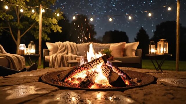 Couple enjoys a warm fire pit on a starry night in their backyard patio surrounded by string lights and comfortable seating.
