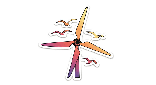 colorful wind turbine with flying birds around