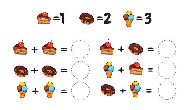 Educational math worksheet for children with cute desserts. Kids solve simple addition problems using visual counting to develop early math, logic, and number recognition skills.