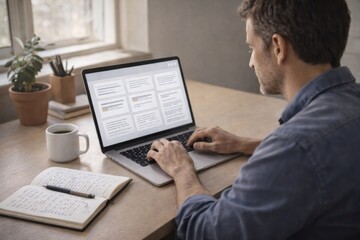 Obraz premium man works on a laptop showing an ai powered workspace with organized content cards, illustrating digital productivity, document handling and applied artificial intelligence in professional desk work