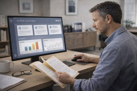risk manager studies printed policy documents beside an ai risk summary dashboard, illustrating assessment, scenario review and evidence based judgment in corporate governance work