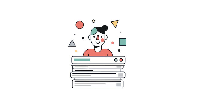 Smiling woman with blue hair and red shirt sitting behind stack of books with floating shapes around her head