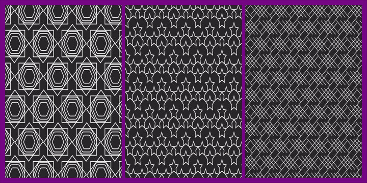 Three panels of intricate black and white textile patterns with purple border