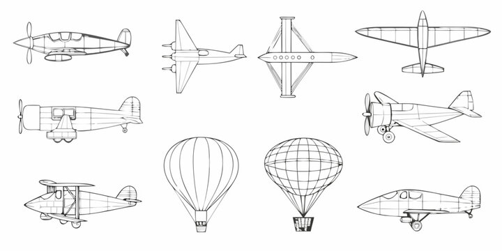 Collection of vintage aircraft and airships in a linear drawing style
