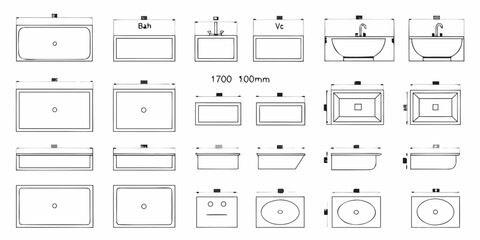 Architectural plans displaying various bathroom sink and vanity designs © Roni
