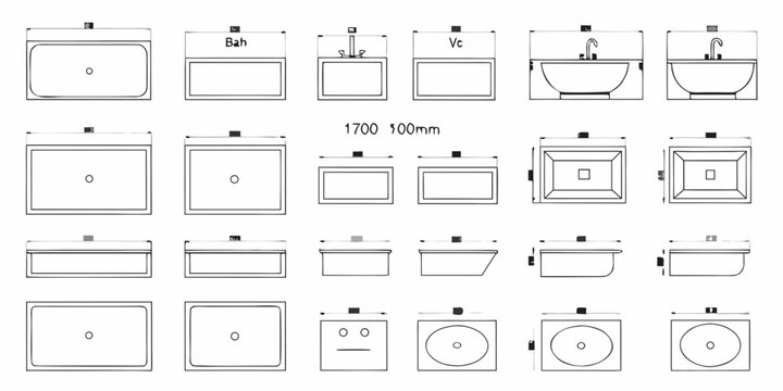 Architectural plans displaying various bathroom sink and vanity designs