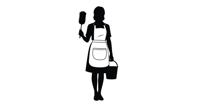 A maid holds cleaning tools in a striking black silhouette