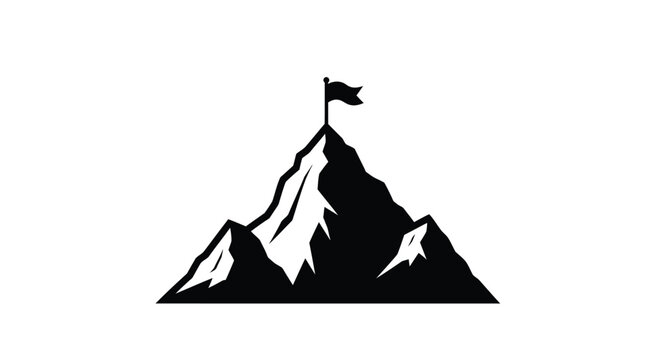 Mountain peak with a flag stark black design silhouette
