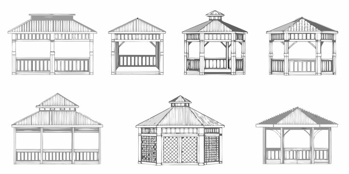 Line art illustrations of various gazebo designs with differing roof styles