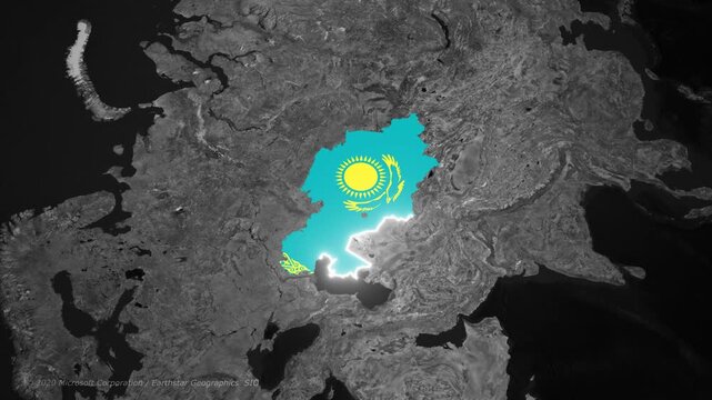 Kazakhstan map flag highlight glowing country location Central Asia background 4k animation video