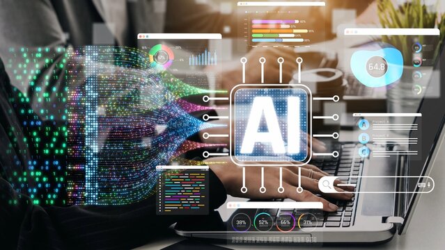 Futuristic Concept of Artificial Intelligence Integration with Data Analytics on Laptop with Visual Graphics and Charts Sigmoid