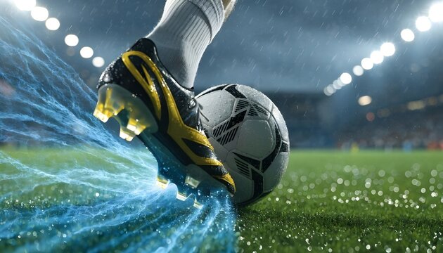 A football player kicking soccer ball with powerful blue water splash on stadium pitch